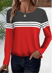Striped Red Long Sleeve Round Neck T Shirt