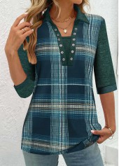 Plaid Patchwork Peacock Blue Half Sleeve Shirt Collar Blouse