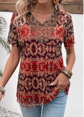 Tribal Print Button Multi Color Short Sleeve Blouse