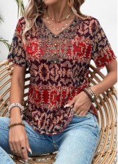 Tribal Print Button Multi Color Short Sleeve Blouse