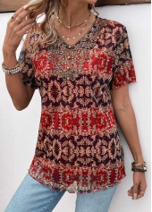 Tribal Print Button Multi Color Short Sleeve Blouse