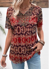 Tribal Print Button Multi Color Short Sleeve Blouse