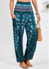 Feathers Print Pocket Turquoise Jogger Elastic Waist Pants