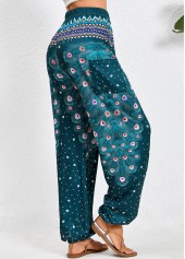 Feathers Print Pocket Turquoise Jogger Elastic Waist Pants
