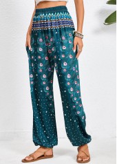 Feathers Print Pocket Turquoise Jogger Elastic Waist Pants