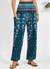 Feathers Print Pocket Turquoise Jogger Elastic Waist Pants