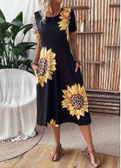 Sunflower Print Pocket Black Short Sleeve Round Neck Dress
