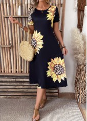 Sunflower Print Pocket Black Short Sleeve Round Neck Dress