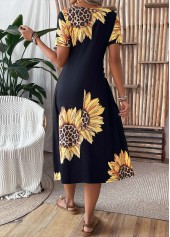 Sunflower Print Pocket Black Short Sleeve Round Neck Dress