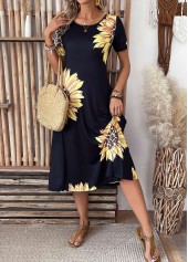 Sunflower Print Pocket Black Short Sleeve Round Neck Dress