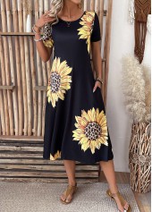 Sunflower Print Pocket Black Short Sleeve Round Neck Dress