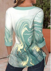 Marble Print Ruched Light Green 3/4 Sleeve T Shirt
