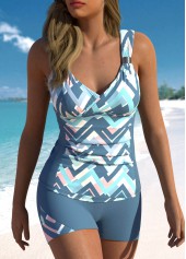 Geometric Print Patchwork Dusty Blue Tankini Set