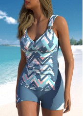 Geometric Print Patchwork Dusty Blue Tankini Set