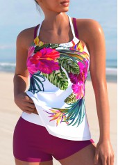 Floral Print Criss Cross Hot Pink Tankini Set