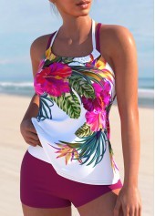 Floral Print Criss Cross Hot Pink Tankini Set