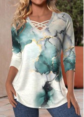Marble Print Criss Cross Turquoise Long Sleeve T Shirt