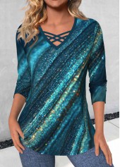 Ombre Criss Cross Peacock Blue Long Sleeve T Shirt