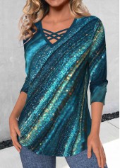 Ombre Criss Cross Peacock Blue Long Sleeve T Shirt
