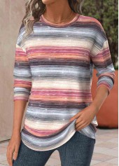 Plus Size Multi Color Striped Long Sleeve T Shirt