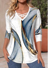 Geometric Print Criss Cross White Long Sleeve T Shirt