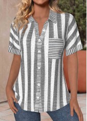 Striped Pocket Light Grey Marl Short Sleeve Blouse