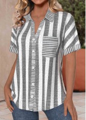 Striped Pocket Light Grey Marl Short Sleeve Blouse