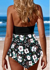 Floral Print Patchwork Black Swimdress and Panty