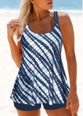Plus Size Mid Waisted Dusty Blue Patchwork Tankini Set