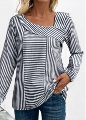 Striped Asymmetry Navy Long Sleeve Asymmetrical Neck Blouse