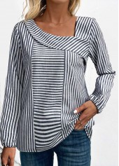 Striped Asymmetry Navy Long Sleeve Asymmetrical Neck Blouse