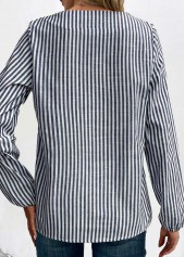 Striped Asymmetry Navy Long Sleeve Asymmetrical Neck Blouse