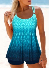 Mid Waisted Ombre Circular Ring Cyan Tankini Set