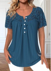 Patchwork Peacock Blue Short Sleeve Round Neck Blouse