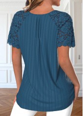 Patchwork Peacock Blue Short Sleeve Round Neck Blouse