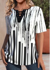 Geometric Print Lace Up Black Short Sleeve T Shirt