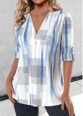 Striped Zipper Sky Blue 3/4 Sleeve V Neck Blouse