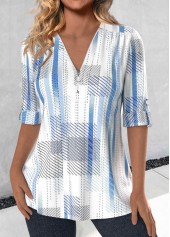 Striped Zipper Sky Blue 3/4 Sleeve V Neck Blouse