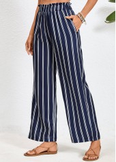 Striped Double Side Pockets Navy Elastic Waist Pants