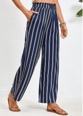 Striped Double Side Pockets Navy Elastic Waist Pants