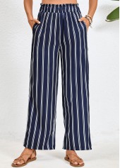 Striped Double Side Pockets Navy Elastic Waist Pants