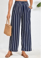 Striped Double Side Pockets Navy Elastic Waist Pants