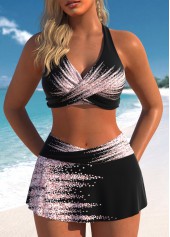 Ombre Patchwork Surplice Black Bikini Set