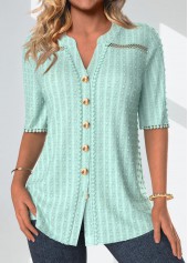 Patchwork Mint Green Half Sleeve Split Neck Blouse