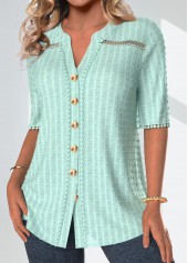 Patchwork Mint Green Half Sleeve Split Neck Blouse