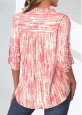 Geometric Print Frill Pink 3/4 Sleeve Split Neck Blouse