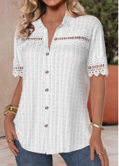 Button Up Patchwork Shirt Collar White Thin Blouse