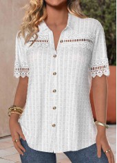 Button Up Patchwork Shirt Collar White Thin Blouse