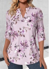 Floral Print Frill Light Purple 3/4 Sleeve Blouse