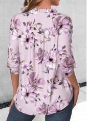 Floral Print Frill Light Purple 3/4 Sleeve Blouse